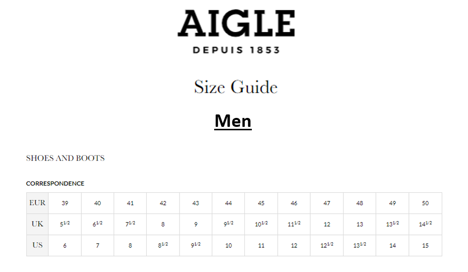 Aigle Men's Shoes & Boots Size Guide