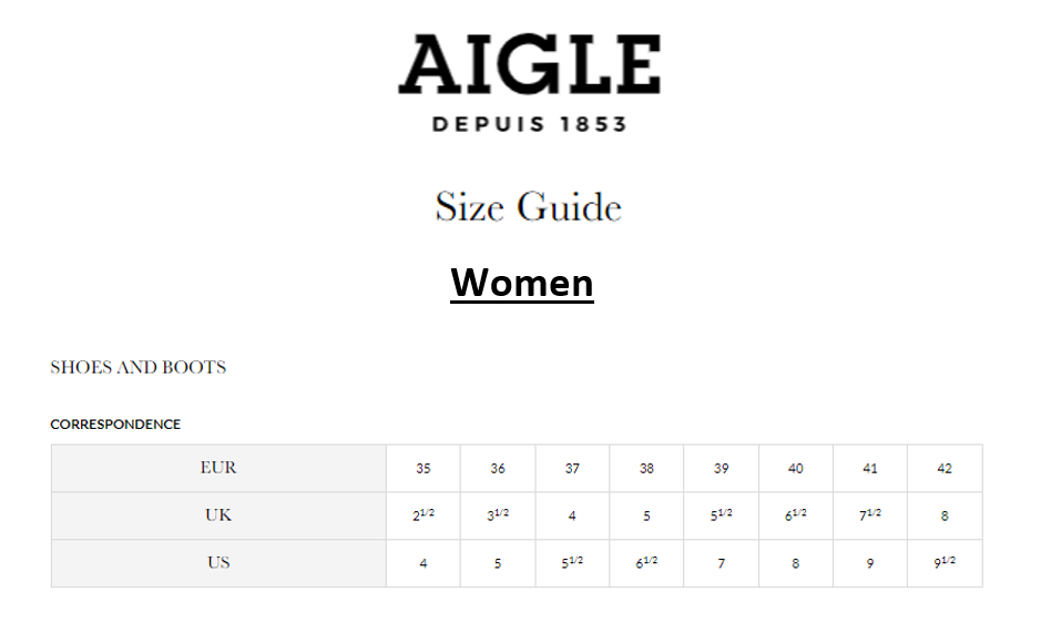Aigle Women's Shoes & Boots Size Guide