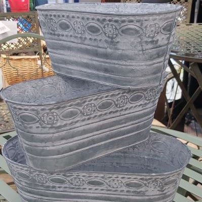 Ascalon Galvanised Oval Pattern Planters Set of 3