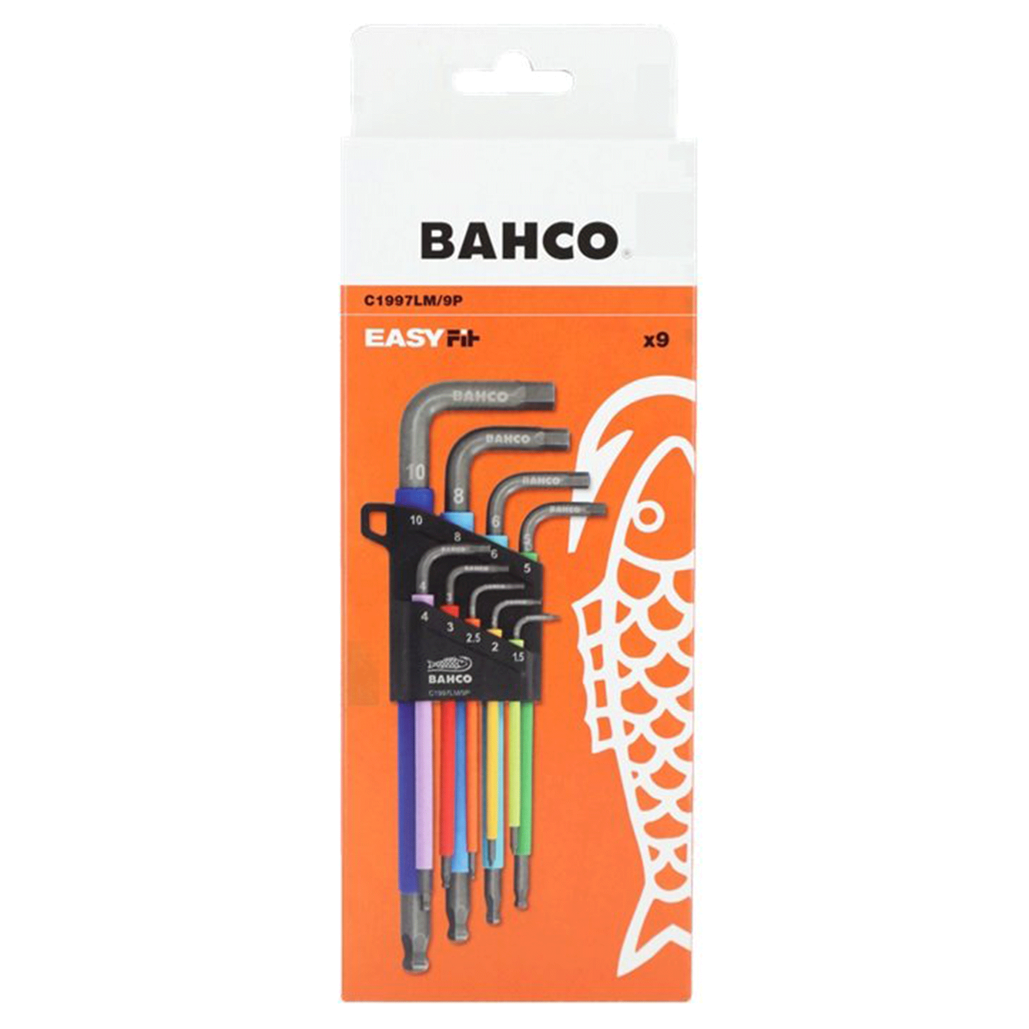 Bahco 9 Piece Metric Long Ball End Coloured Allen Key Set 1.5–10mm