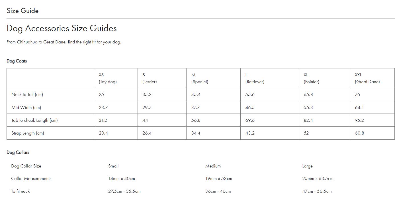 Barbour Dog Coats & Collars - Size Guide
