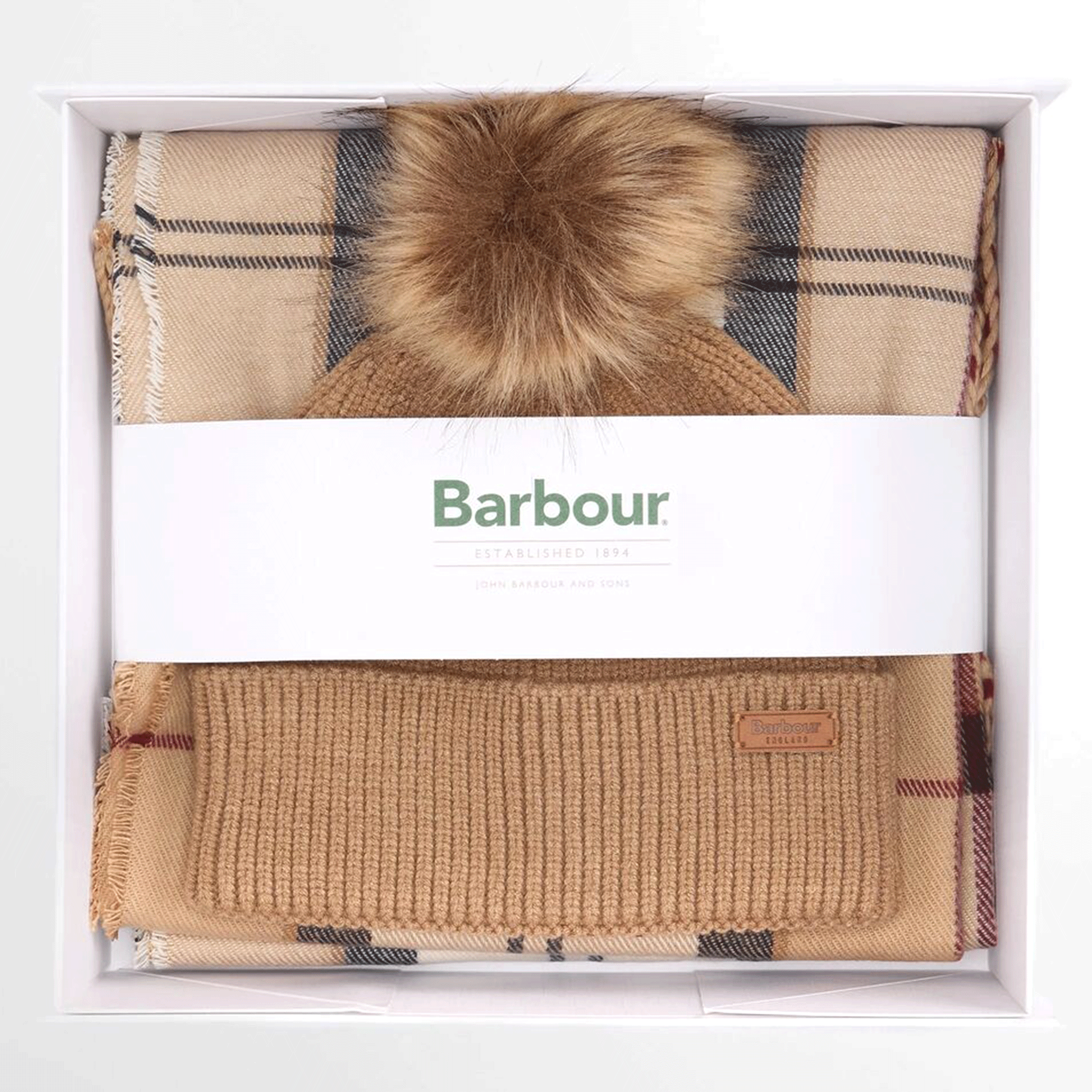 Barbour Dover Beanie & Hailes Scarf Gift Set Hessian Tartan