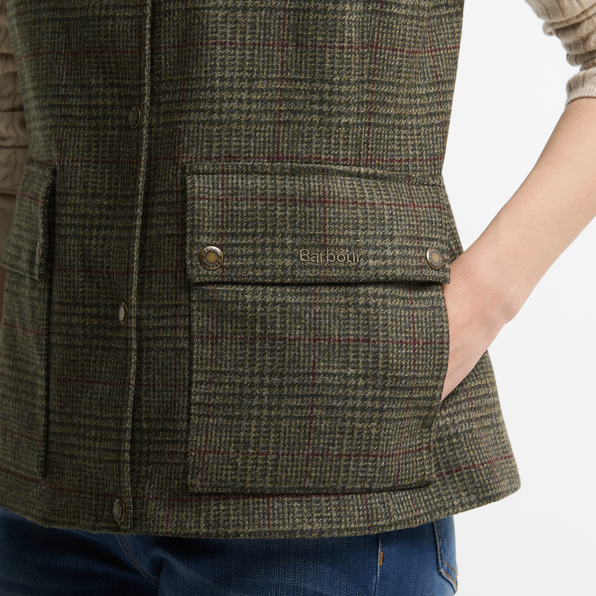 Barbour Joyce Wool Gilet Olive Prince of Wales Check Womens