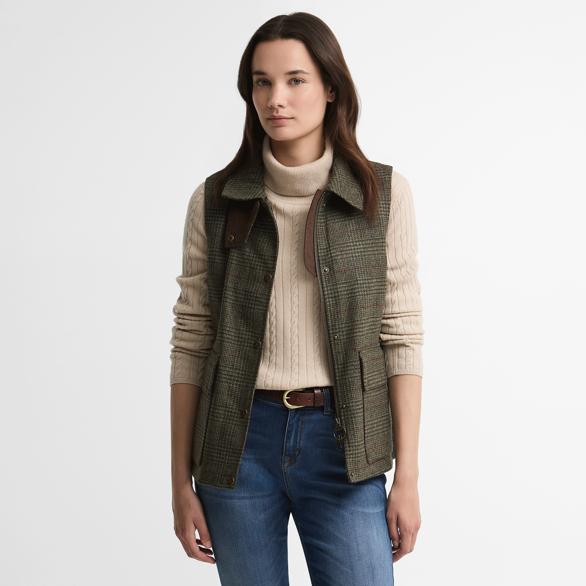 Barbour Joyce Wool Gilet Olive Prince of Wales Check Womens