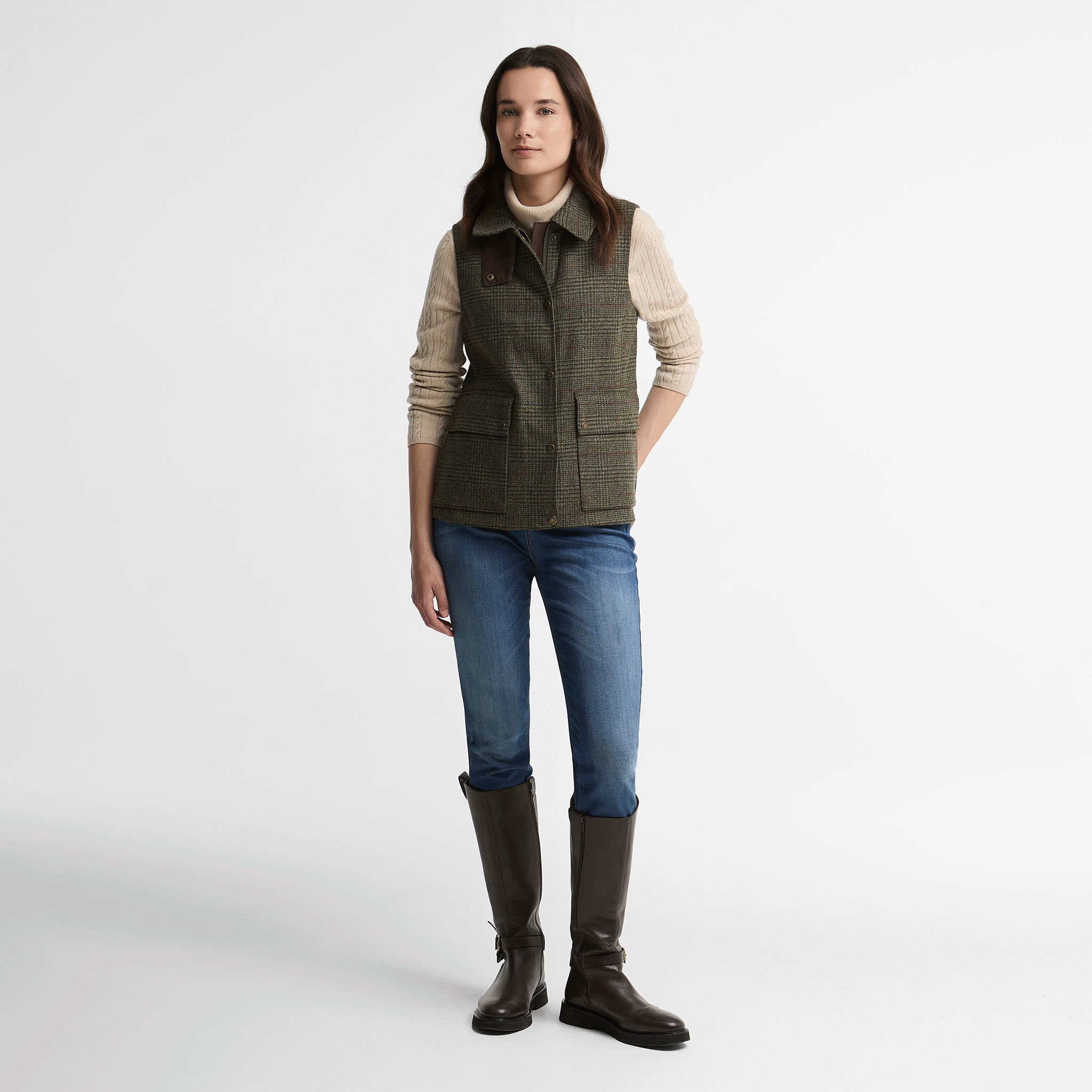Barbour Joyce Wool Gilet Olive Prince of Wales Check Womens