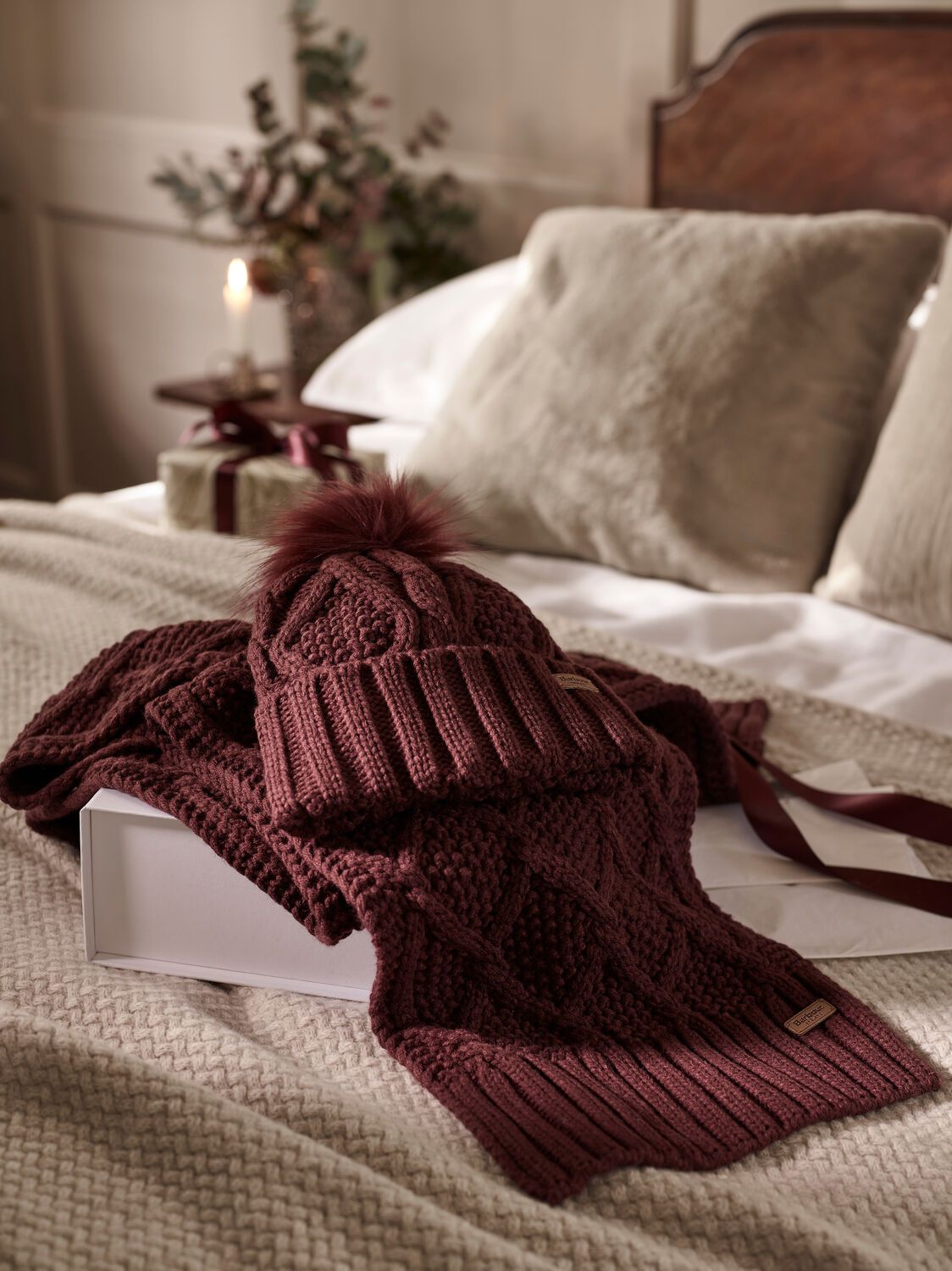 Barbour Ladies Ridley Beanie & Scarf Set Cabernet 2