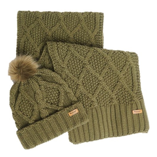 Barbour Ladies Ridley Beanie & Scarf Set Olive 1