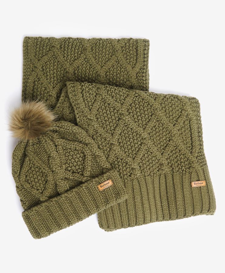 Barbour Ladies Ridley Beanie & Scarf Set Olive 2
