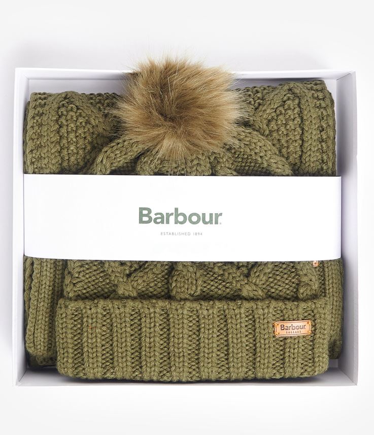 Barbour Ladies Ridley Beanie & Scarf Set Olive 5