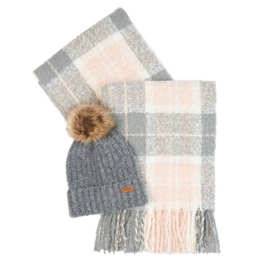Barbour Ladies Saltburn Beanie & Tartan Scarf Set Grey Rose 1