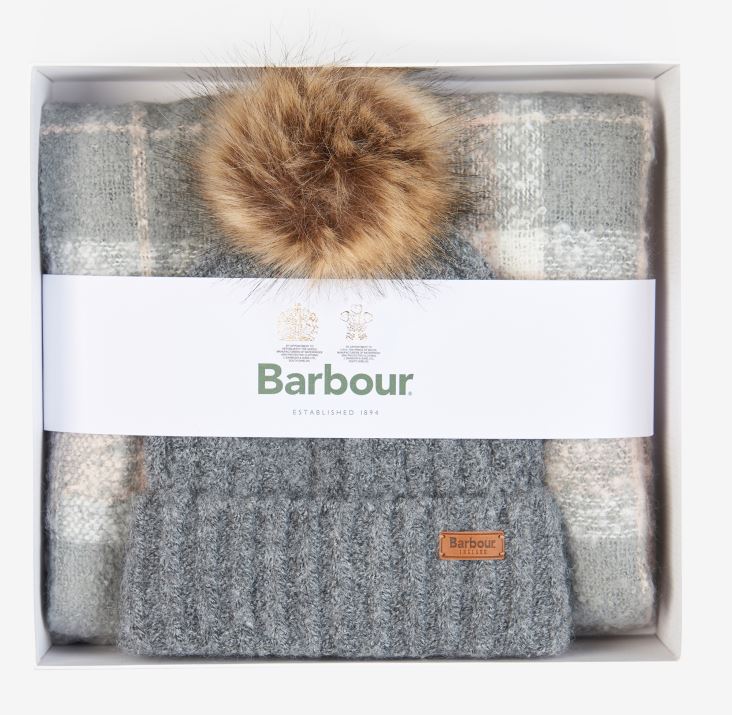 Barbour Ladies Saltburn Beanie & Tartan Scarf Set Grey Rose 2