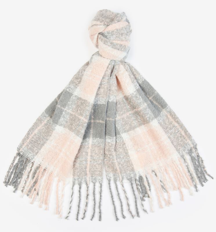 Barbour Ladies Saltburn Beanie & Tartan Scarf Set Grey Rose 3