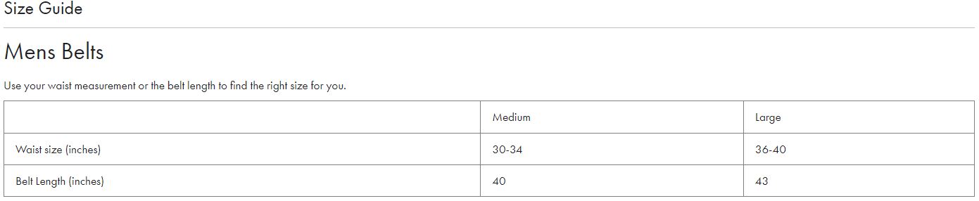 Barbour Men's Belts - Size guide