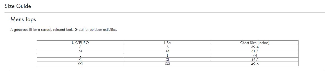 Barbour Mens - Size Guide Tops