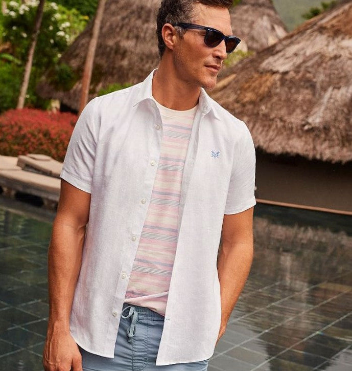 Crew Mens' Short Sleeve Linen Check Shirt White 1