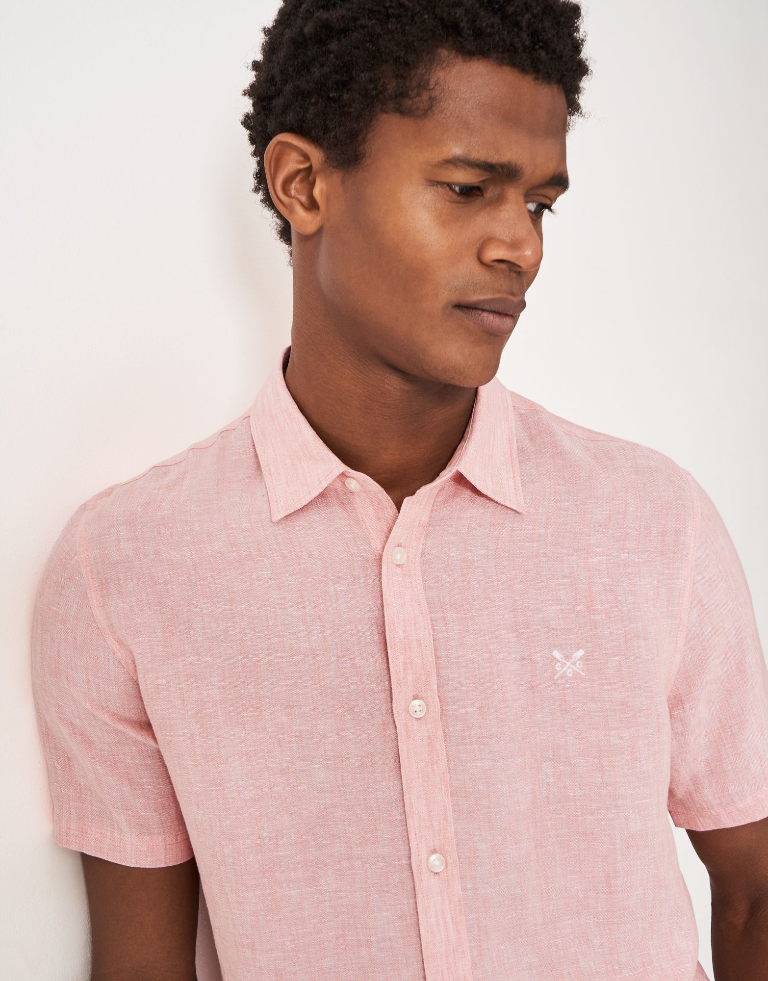 Crew Mens' Short Sleeve Linen Shirt Coral 4