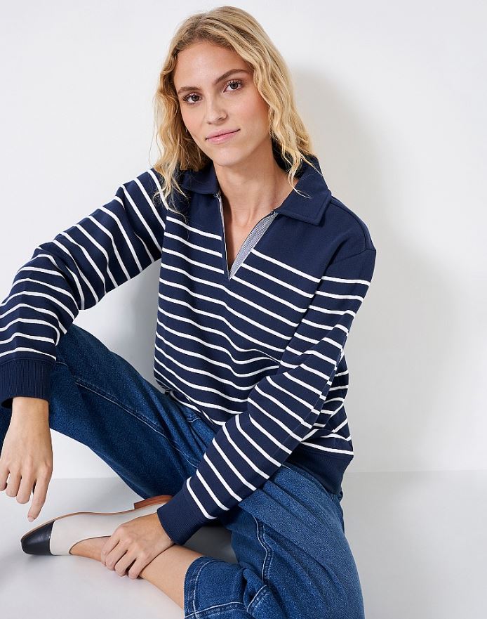 Crew Women's Sandy Collared Stripe Sweatshirt Dark Navy-White 2