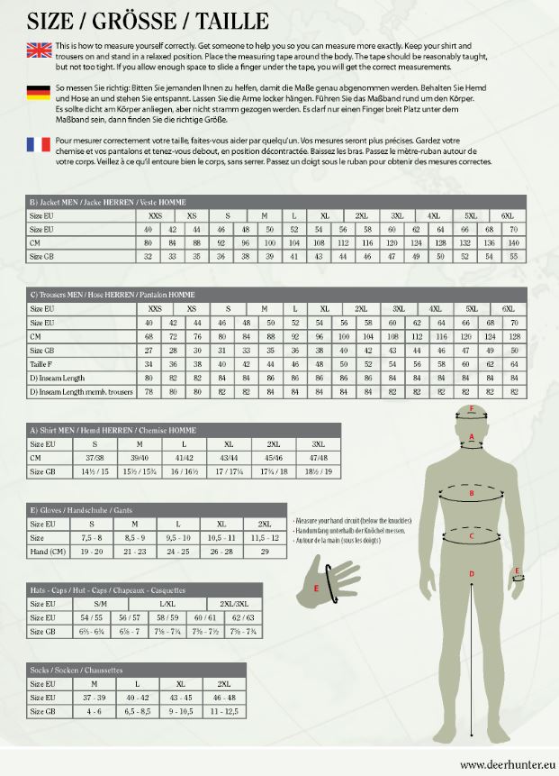 Deerhunter Clothing - Size Guide