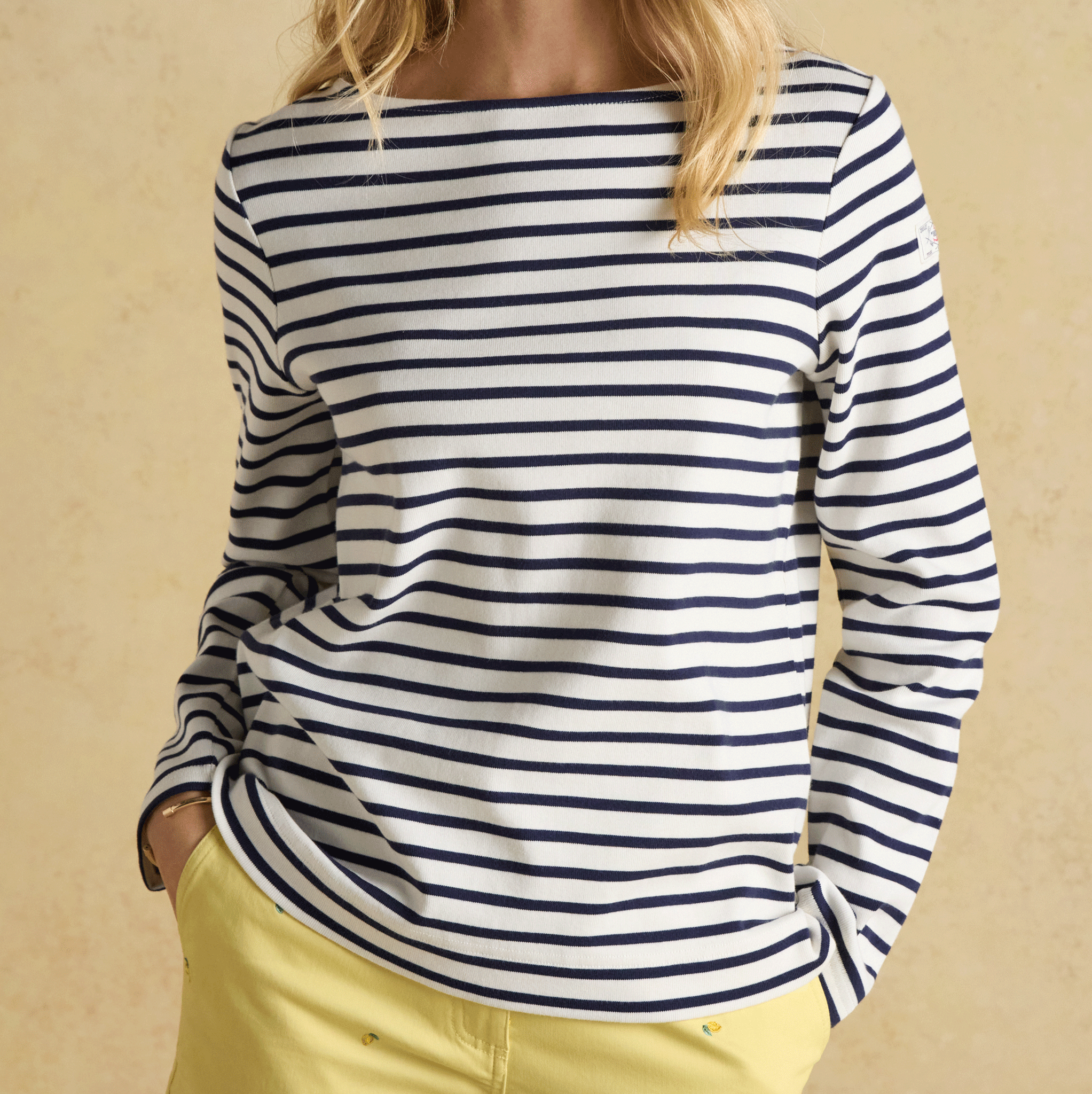 Joules Harbour Boat Neck Long Sleeve Striped Top in Cream & Navy