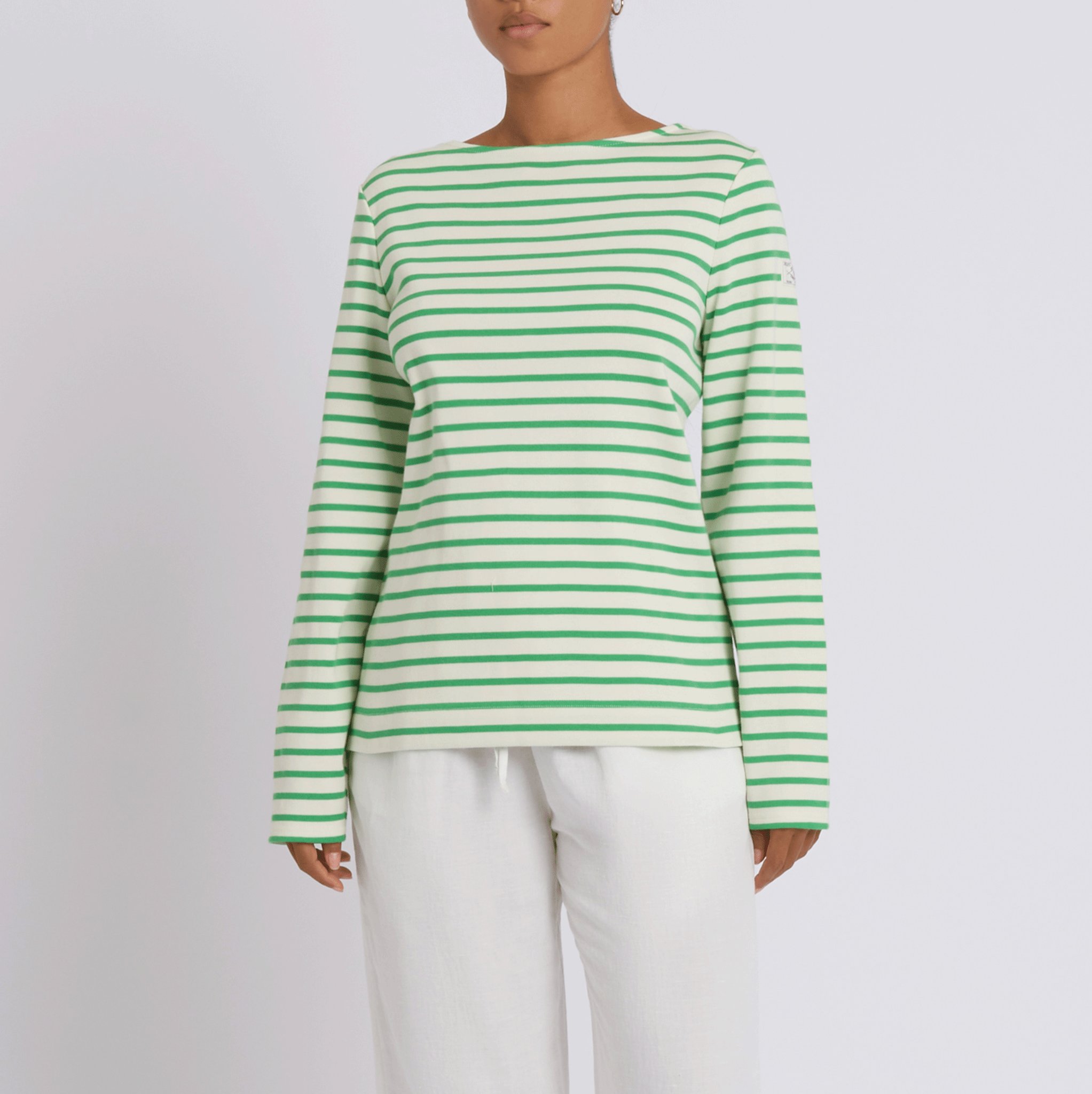 Joules Harbour Boat Neck Long Sleeve Striped Top in Green