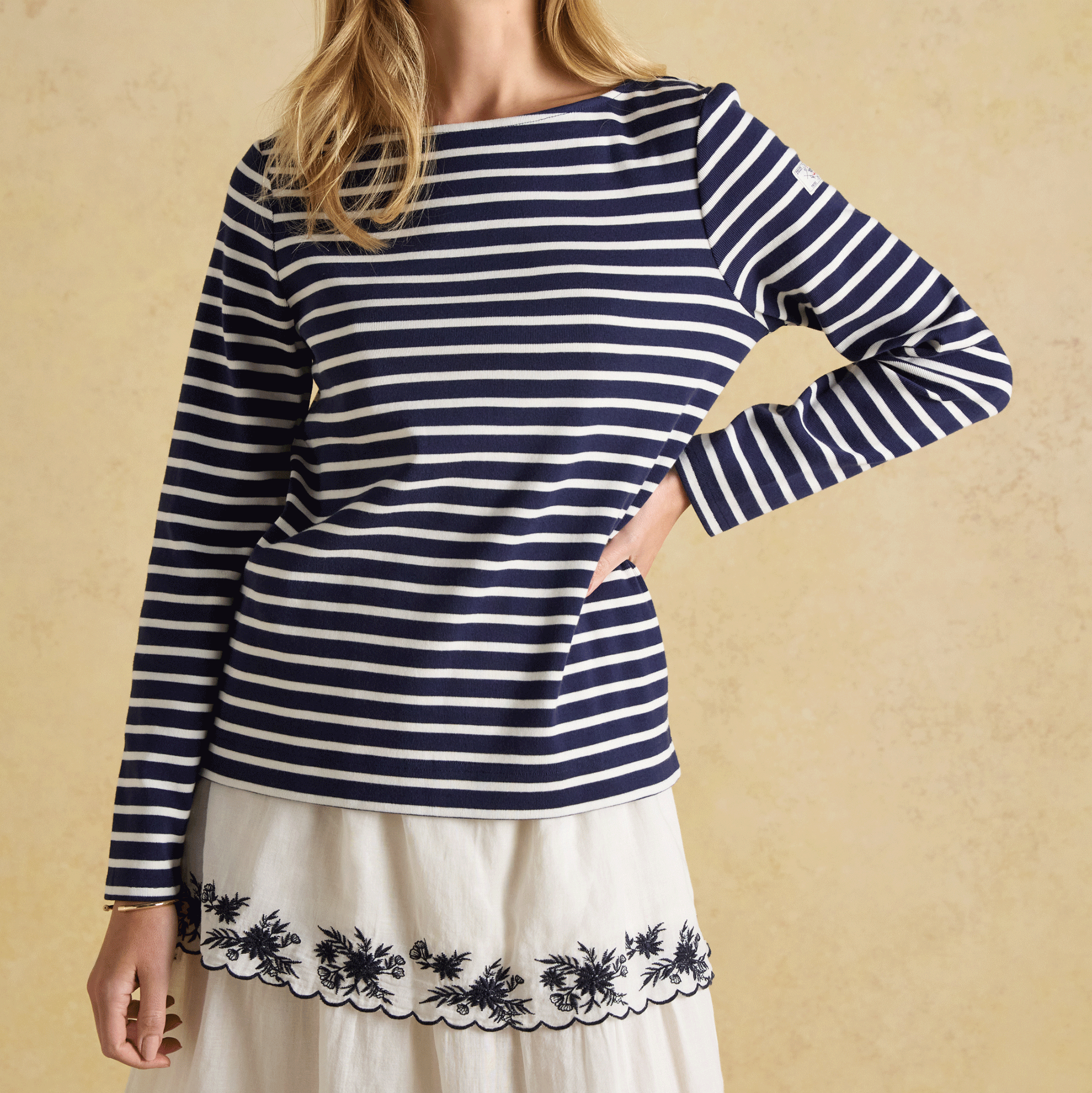 Joules Harbour Boat Neck Long Sleeve Striped Top in Navy & White