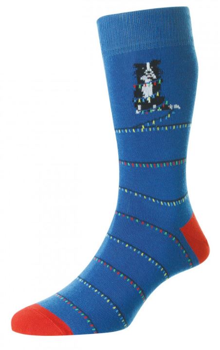 HJ Hall Men's Cotton Rich Fairy Lights Xmas Socks in Green & Royal Blue 2