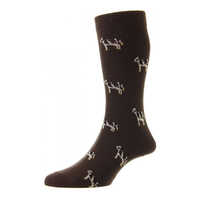 HJ Hall Men's Cow Cotton Rich Socks Dark Brown