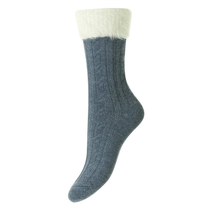 HJ Hall Women's Fluffy Top Cable Knit Socks Denim