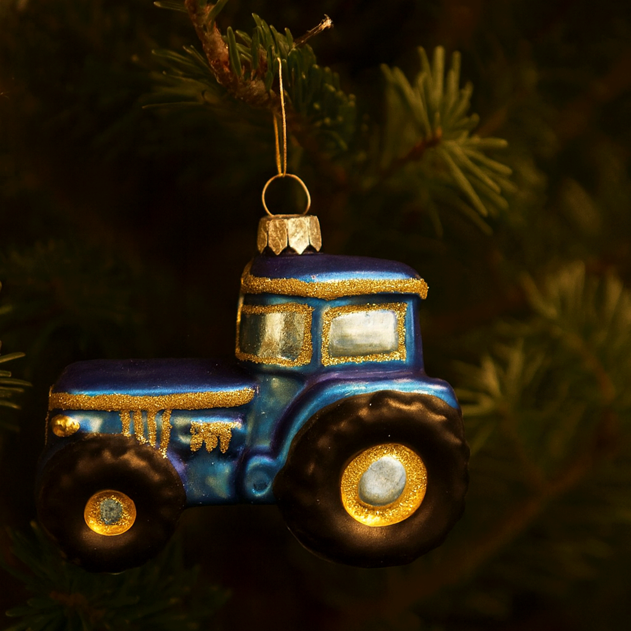 Blue Glass Tractor Christmas Decoration
