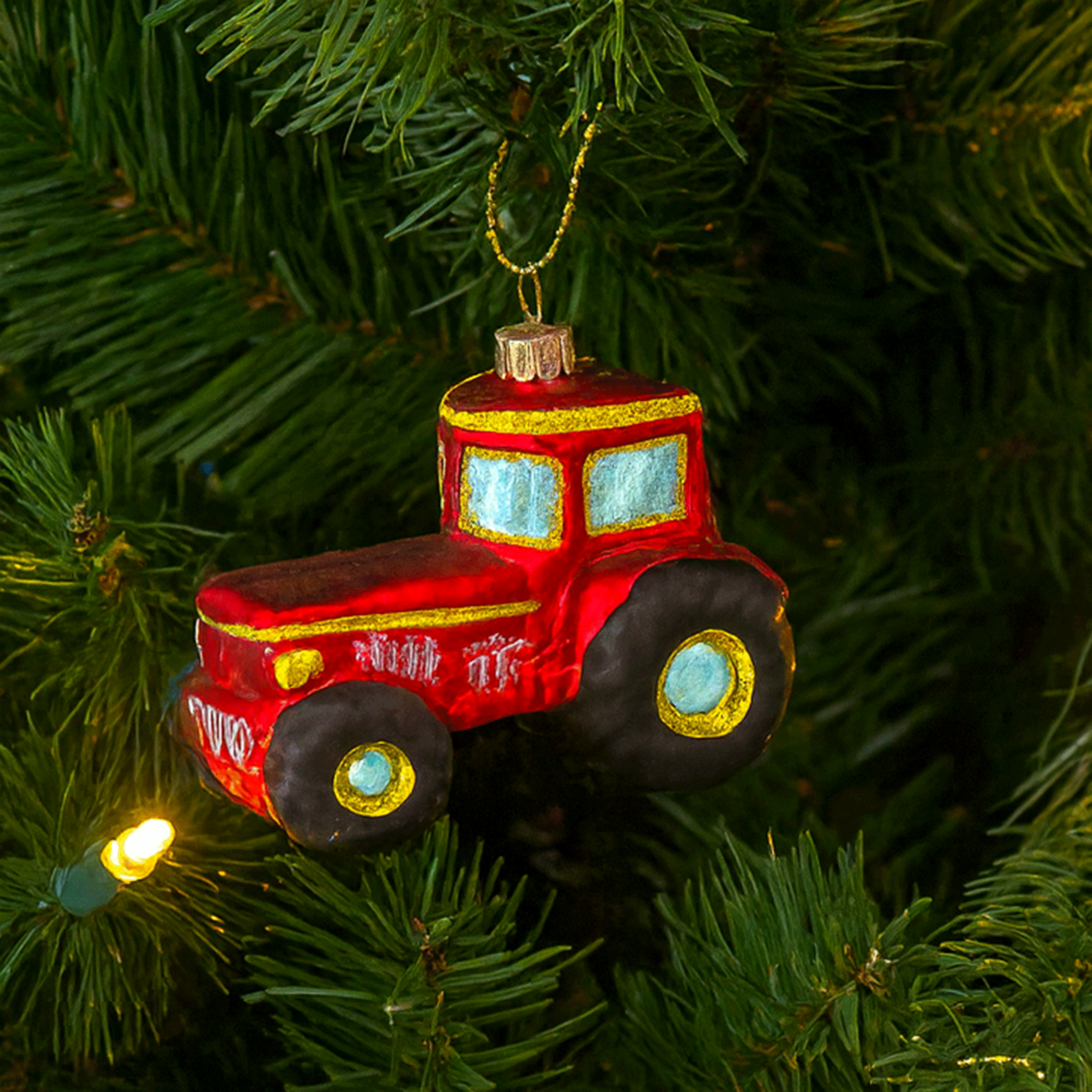 Red Glass Tractor Christmas Decoration