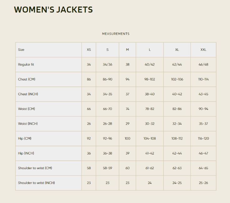 Harkila Ladies Jacket - Size Guide
