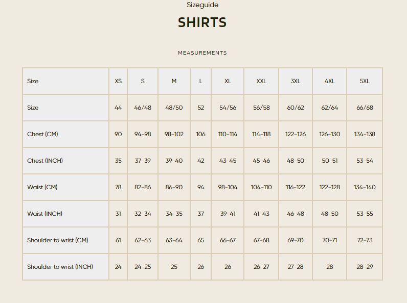 Harkila Size Guide - Shirts
