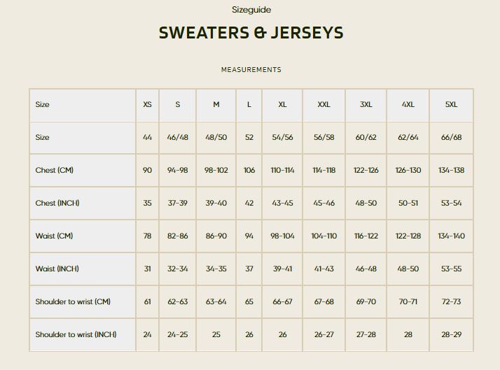 Harkila Size Guide - Sweaters & Jerseys