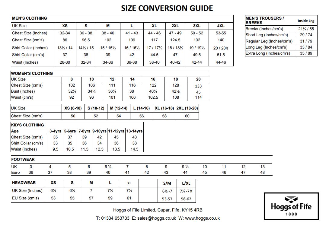 Hoggs of Fife Clothing & Footwear Size Guide