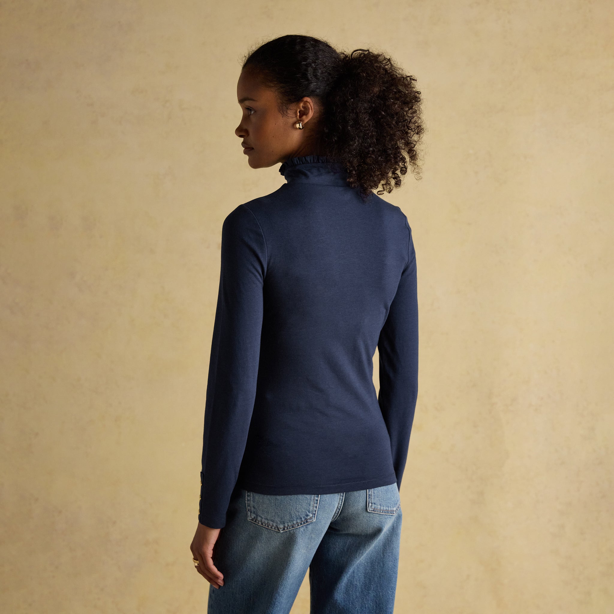 Joules Amy Long Sleeve High Frill Neck Jersey Top Navy