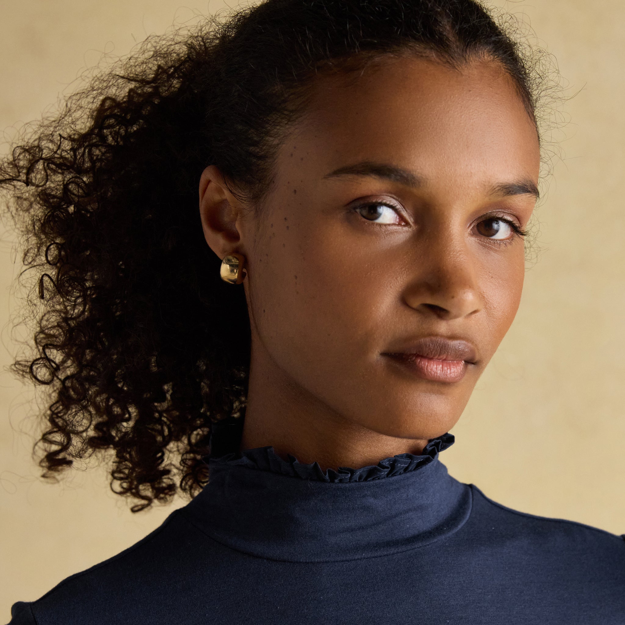 Joules Amy Long Sleeve High Frill Neck Jersey Top Navy