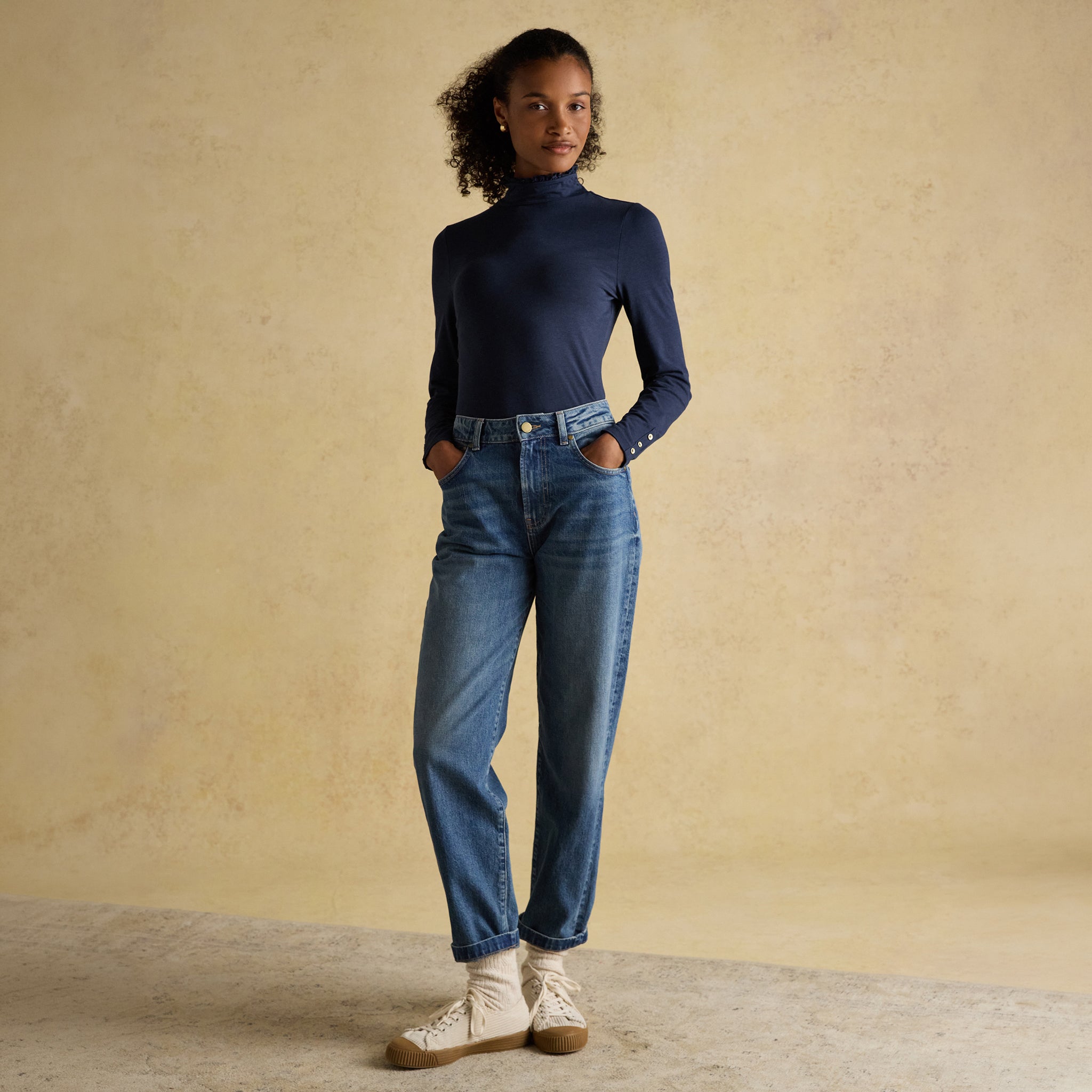 Joules Amy Long Sleeve High Frill Neck Jersey Top Navy