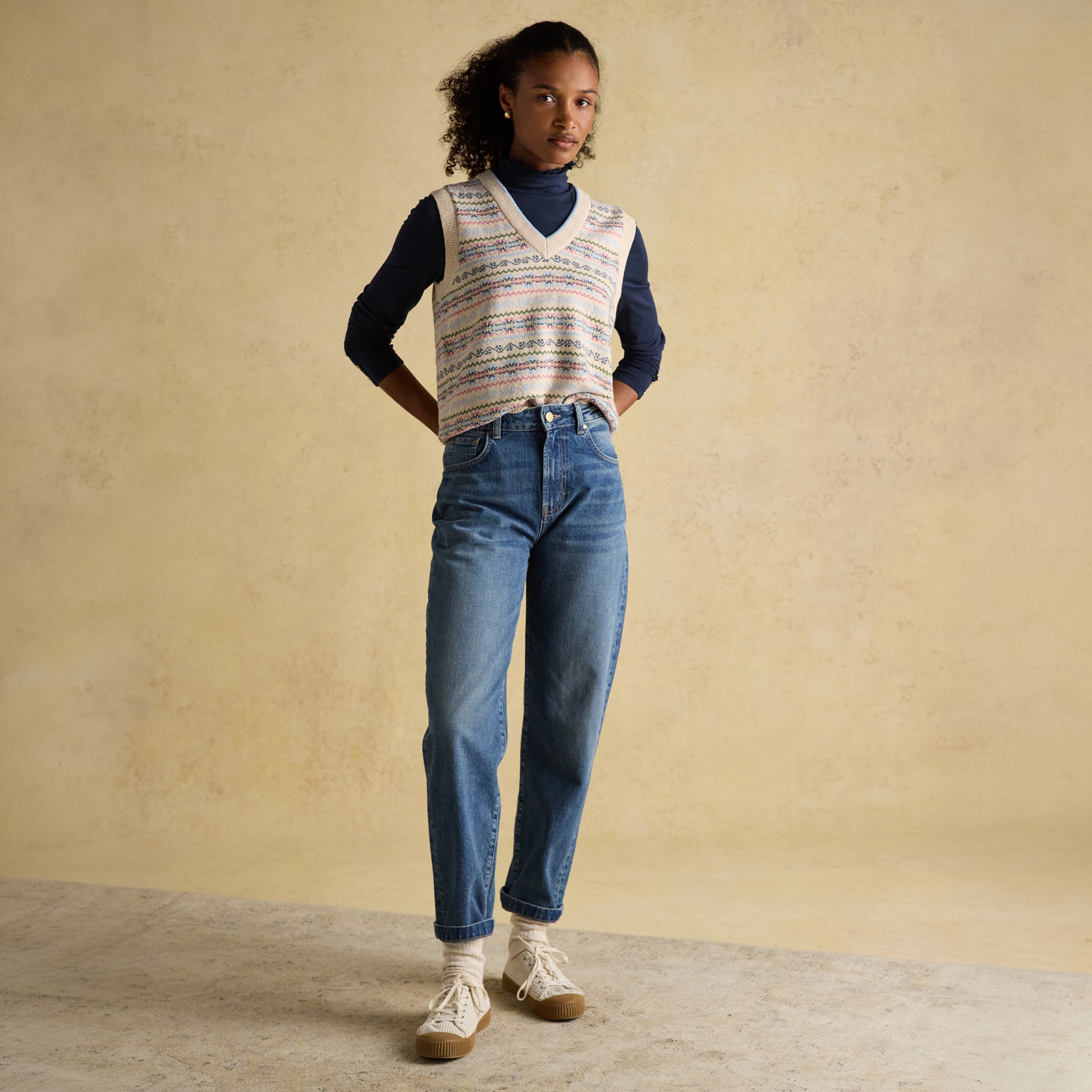 Joules Amy Long Sleeve High Frill Neck Jersey Top Navy