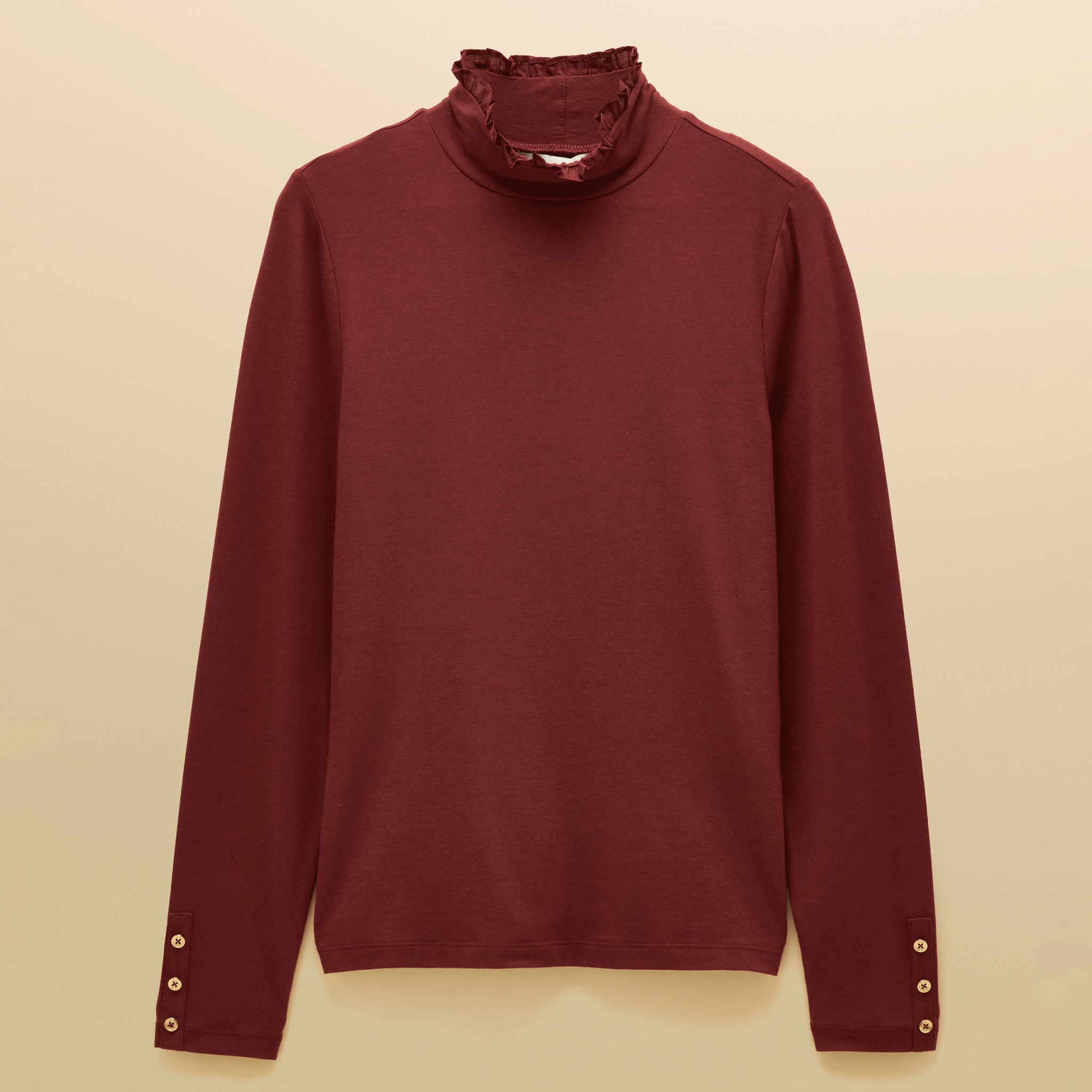 Joules Amy Long Sleeve High Frill Neck Jersey Top Russet