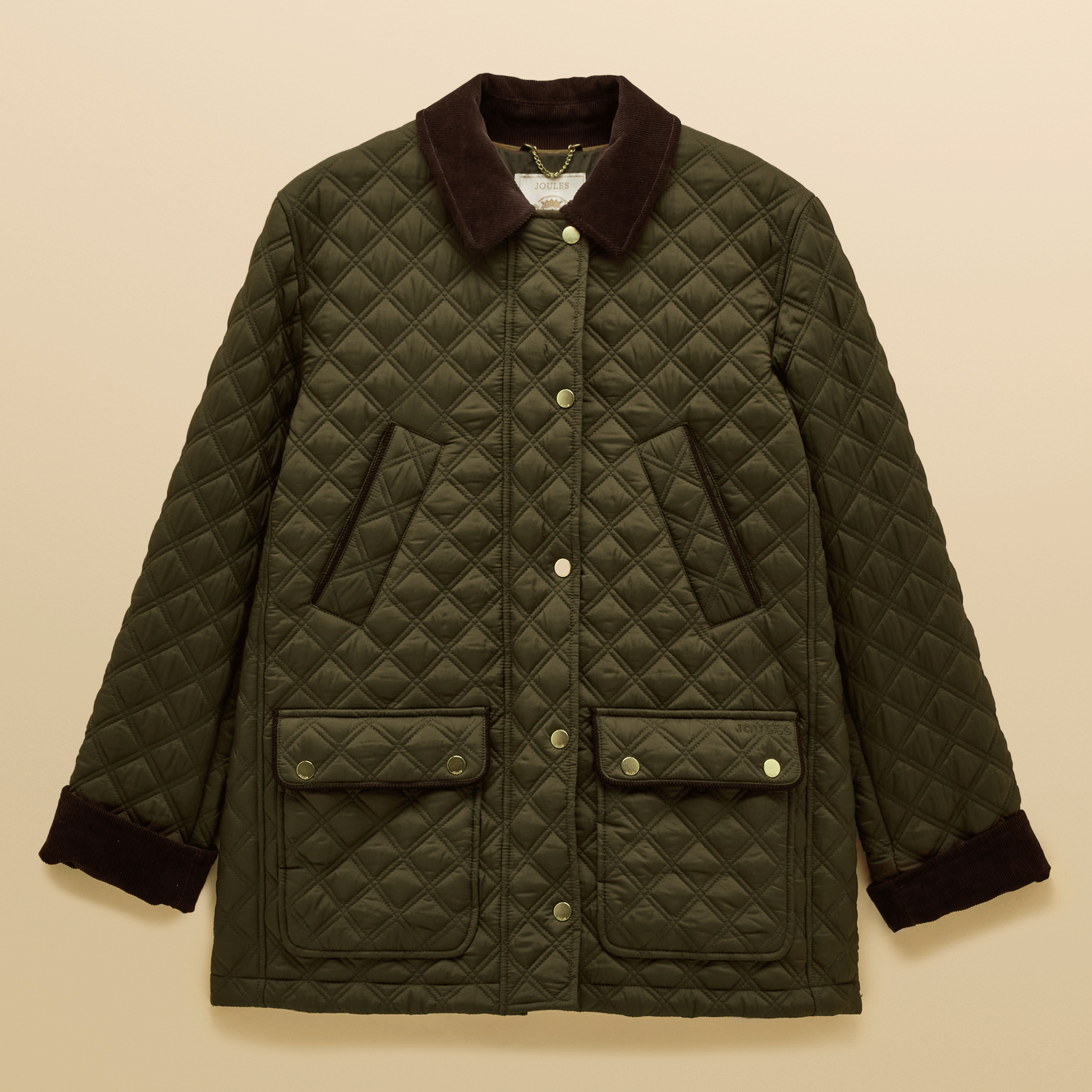 Joules Beatrix Showerproof Diamond Quilted Coat Khaki Green
