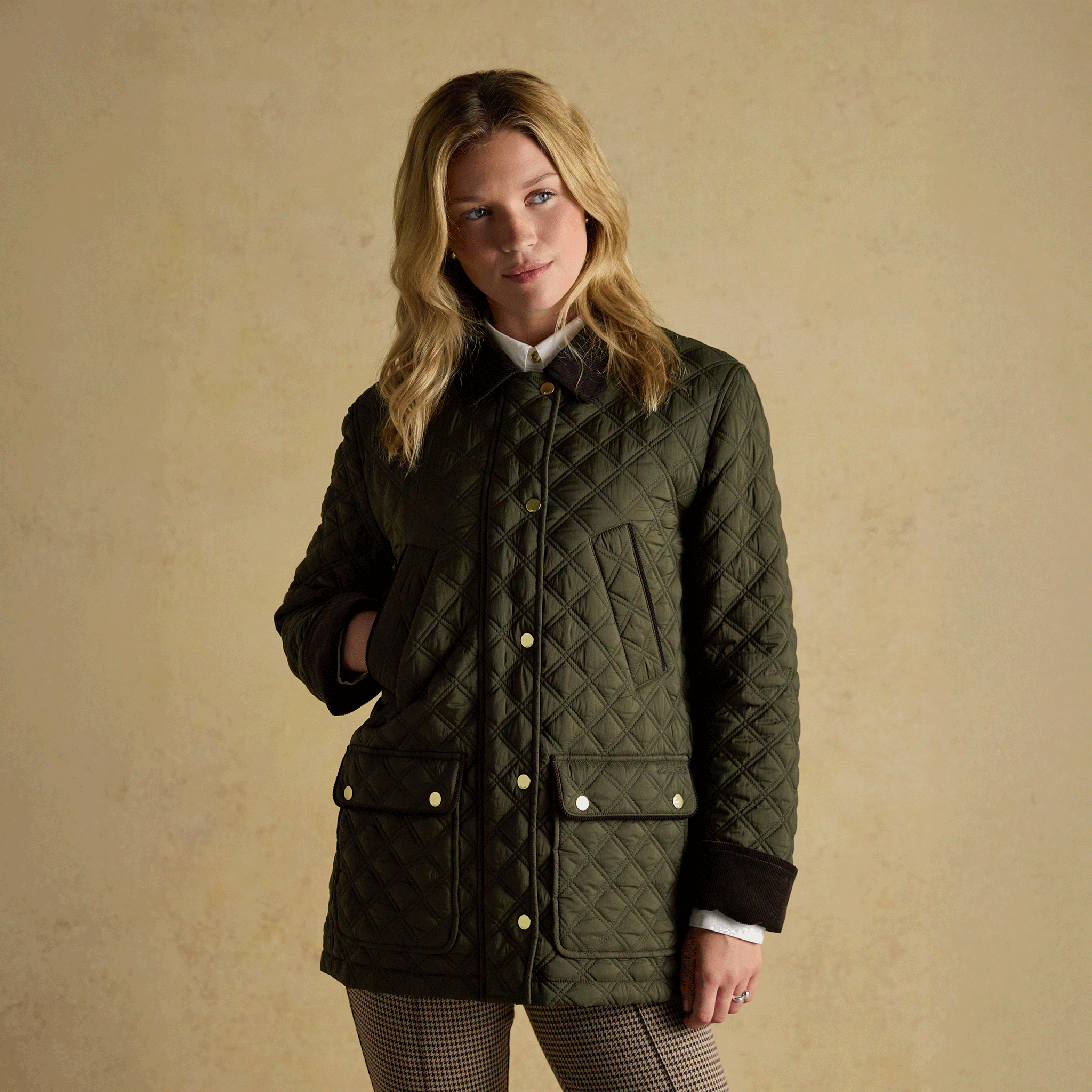 Joules Beatrix Showerproof Diamond Quilted Coat Khaki Green
