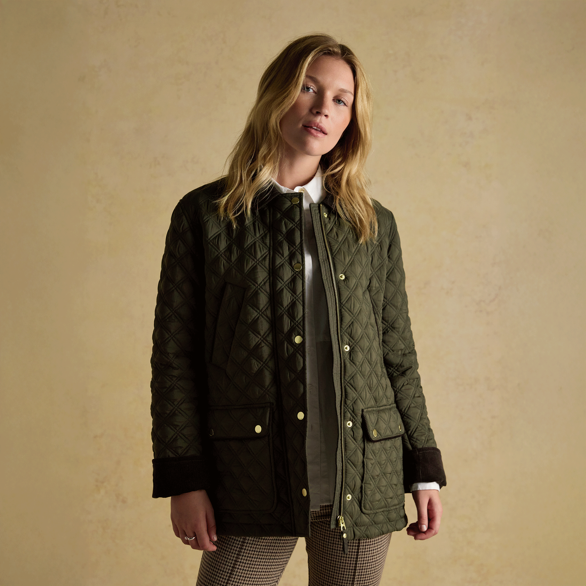 Joules Beatrix Showerproof Diamond Quilted Coat Khaki Green