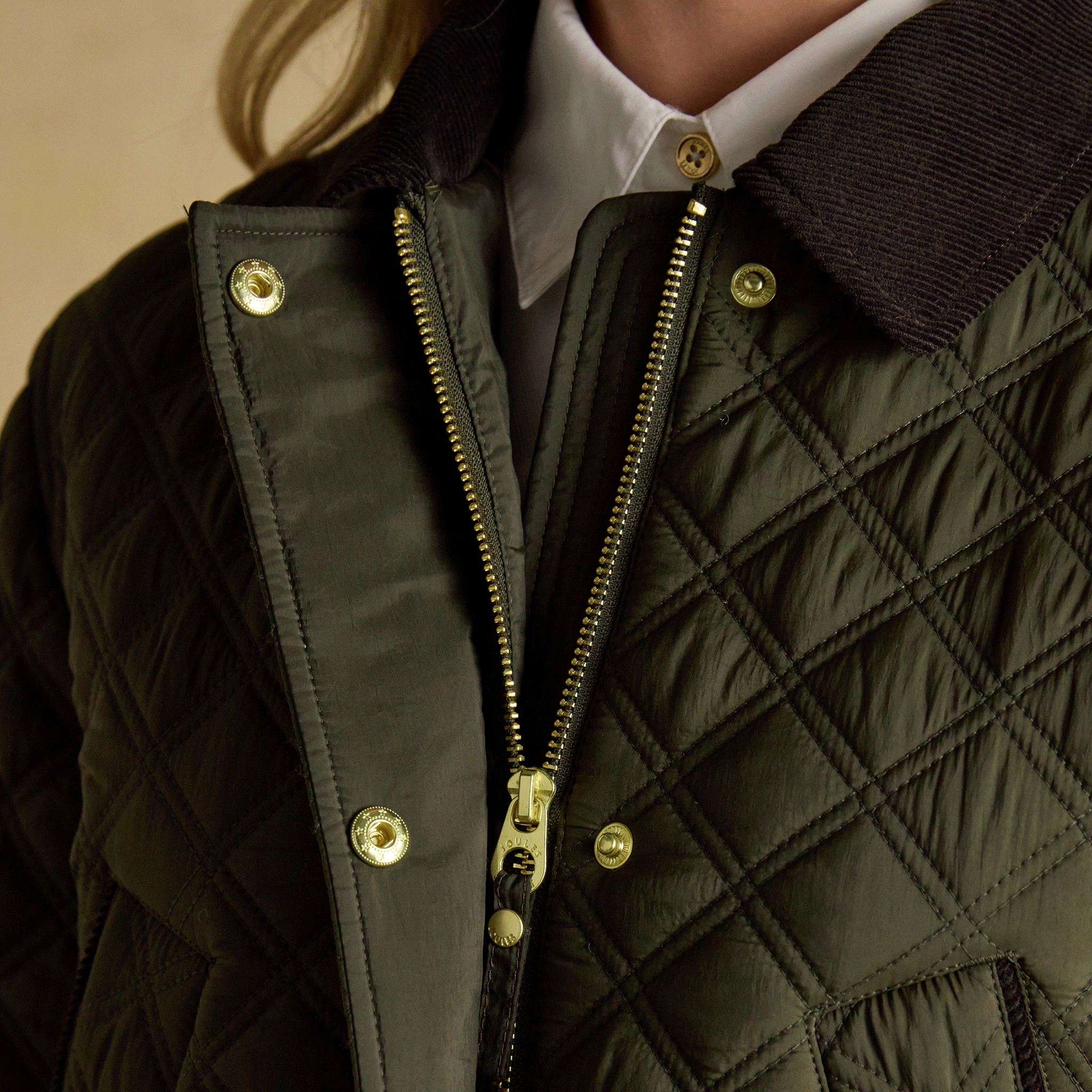 Joules Beatrix Showerproof Diamond Quilted Coat Khaki Green