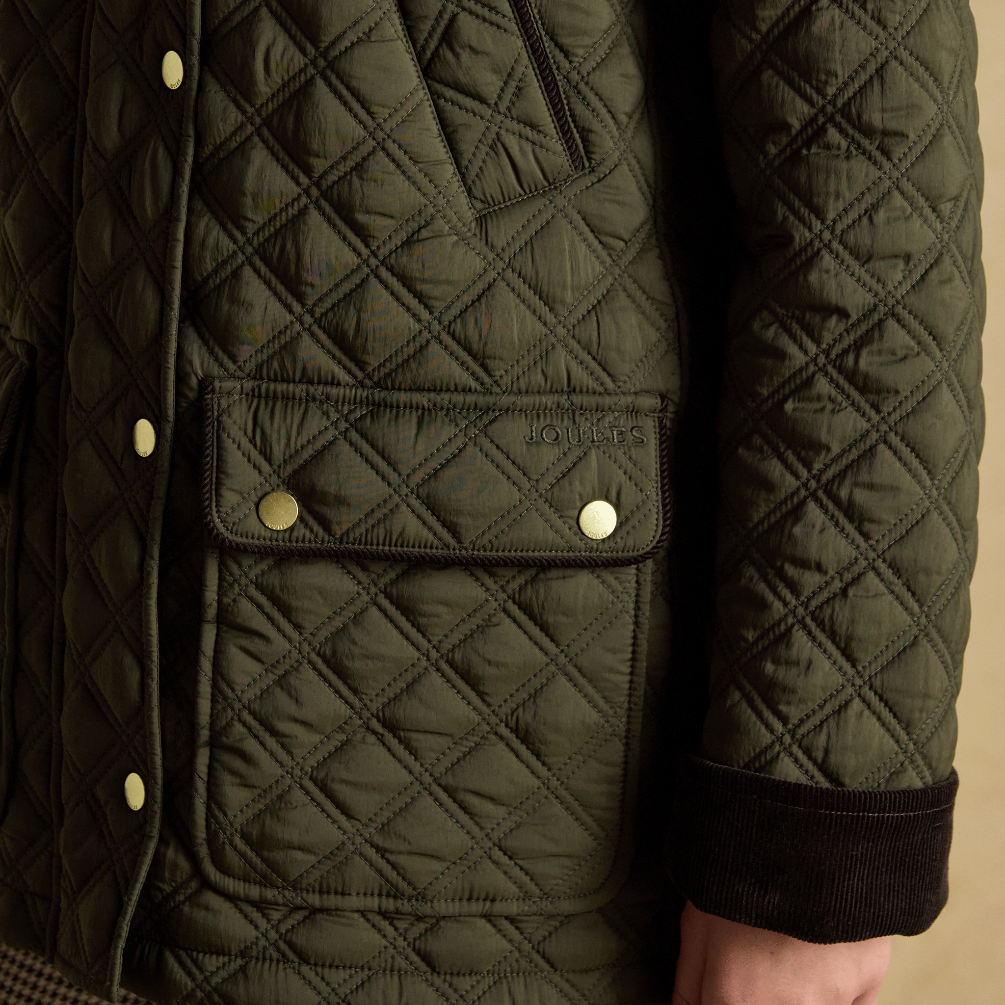 Joules Beatrix Showerproof Diamond Quilted Coat Khaki Green