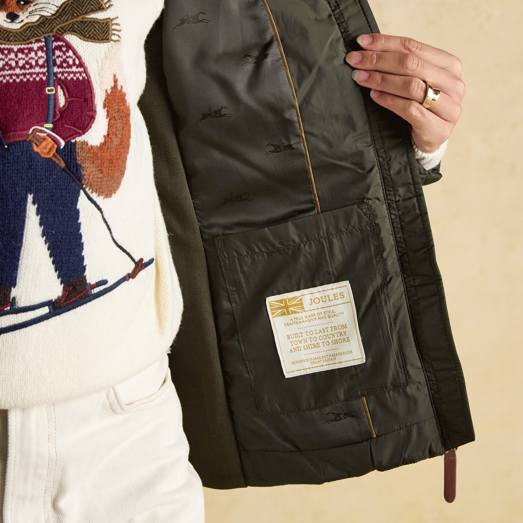 Joules Braemar Luxe Showerproof Diamond Quilted Coat Khaki Green