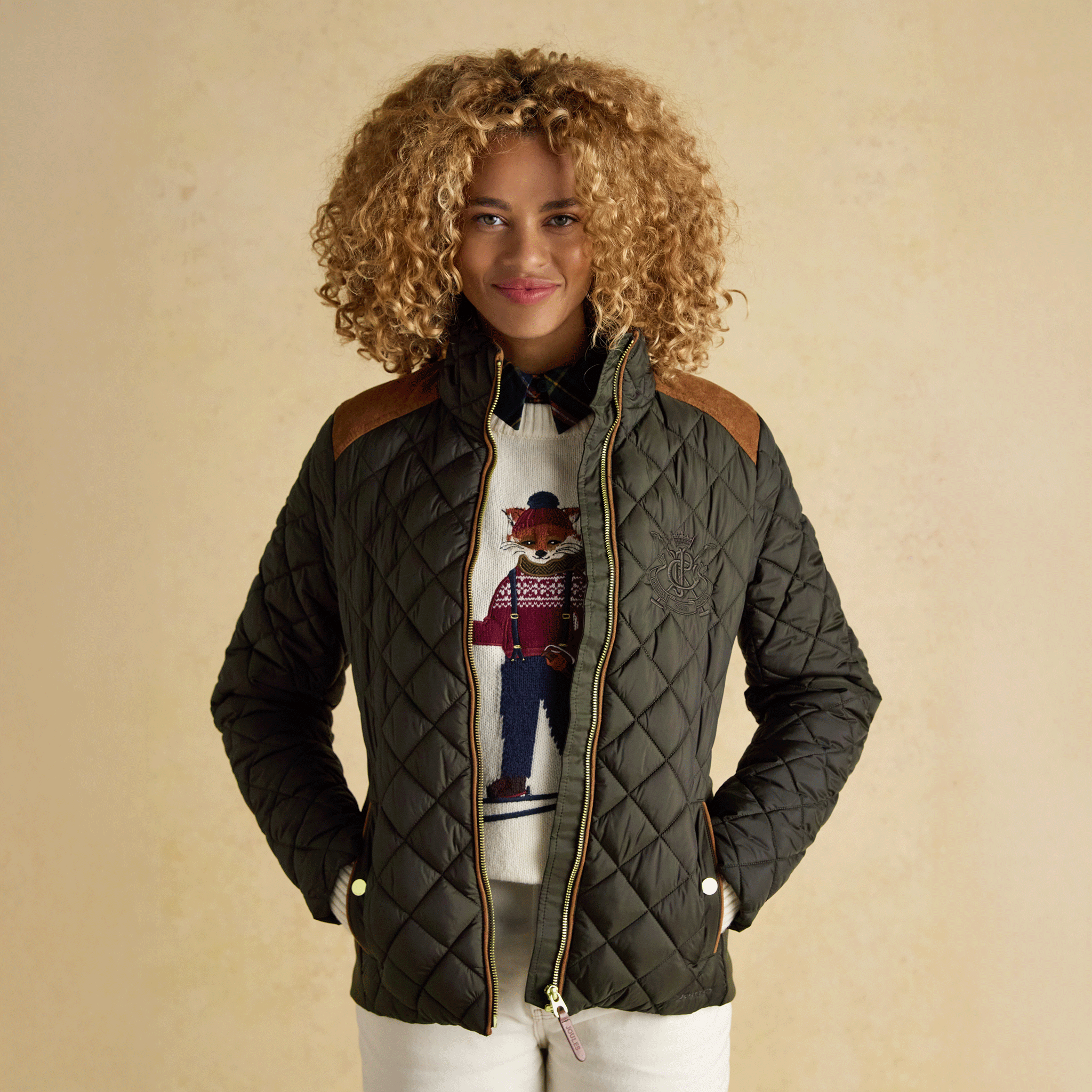 Joules Braemar Luxe Showerproof Diamond Quilted Coat Khaki Green