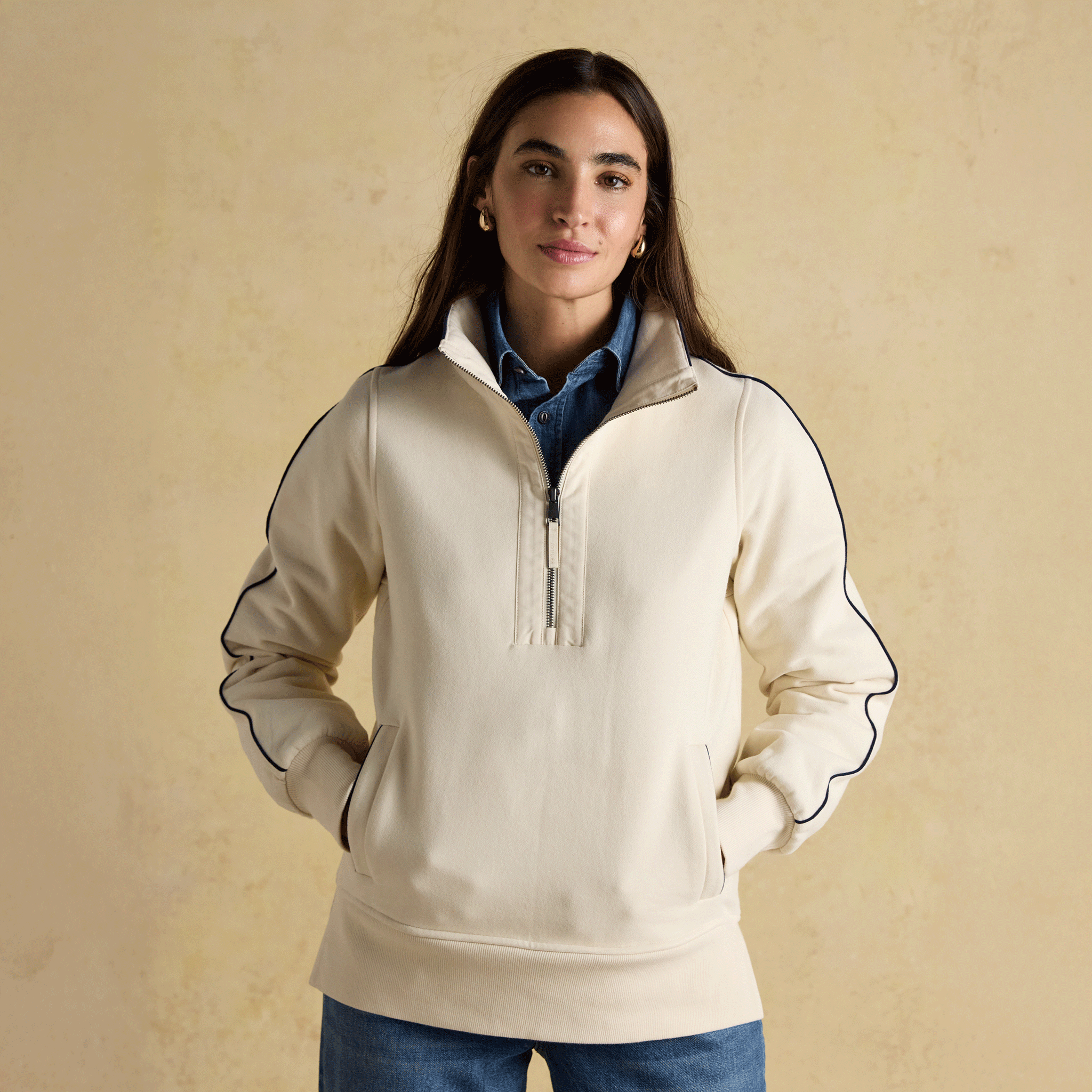 Joules Bronte Funnel Neck Quarter Zip Cotton Sweatshirt Cream