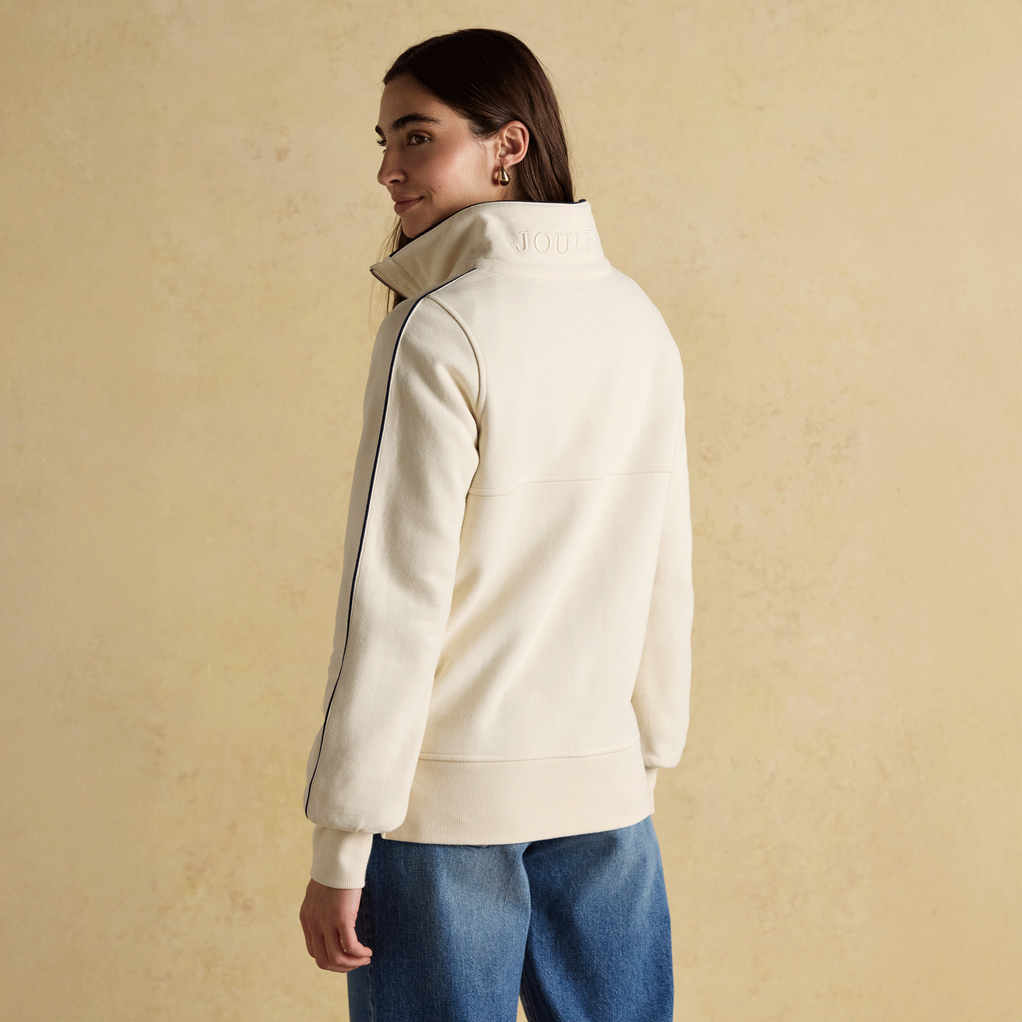 Joules Bronte Funnel Neck Quarter Zip Cotton Sweatshirt Cream