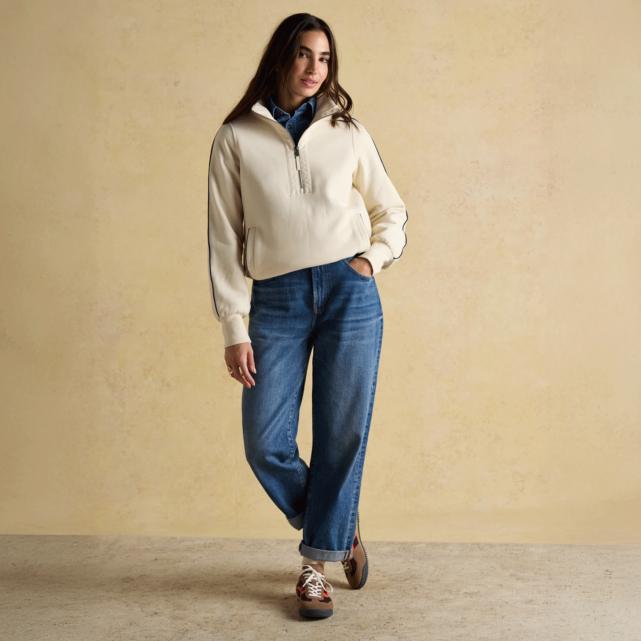 Joules Bronte Funnel Neck Quarter Zip Cotton Sweatshirt Cream