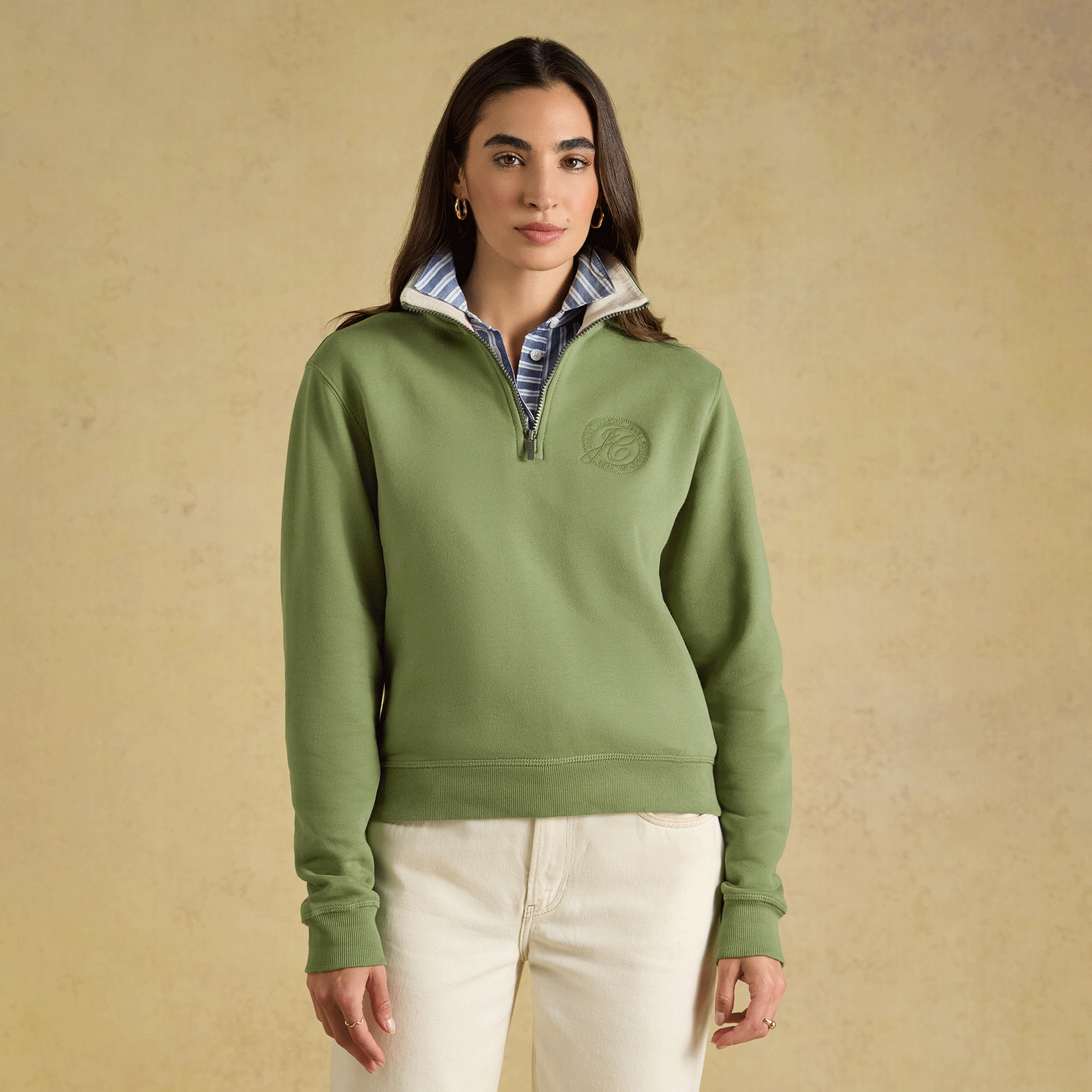 Joules Brushed Back Embroidered Quarter Zip Sweatshirt Olive Green